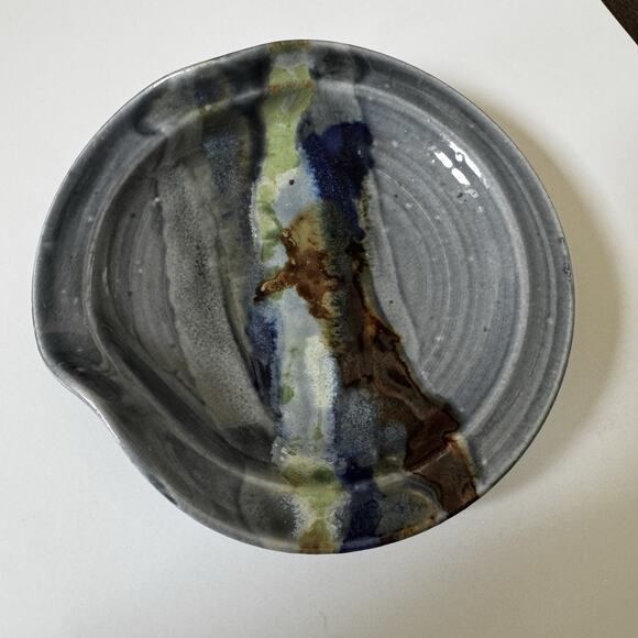 Studio Art Pottery Spoon Rest Bowl Dish Blue Gray Ocean Abstract Glazed Earthy - Picture 10 of 16